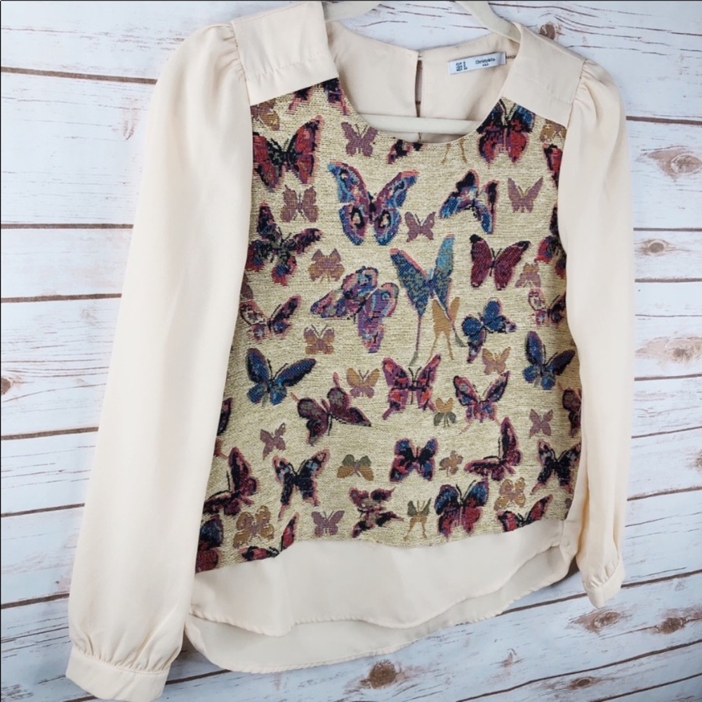 Christy & Co butterfly embroidered tapestry top